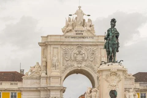Statue of King Joseph I and the triumphal arch in commerce square in Lisbon Stock Photos