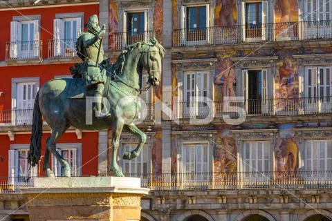 Statue of King Philip lll in the Plaza Mayor, Madrid, Spain, Europe Stock Photos