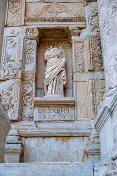 Statue of Knowledge on the exterior of the Celsus library in Ephesus Turkey Stock Photos