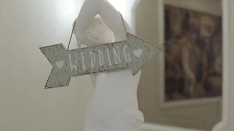 Statue of a Lady with a Sign Showing the Direction to the Wedding Stock Footage 241323247