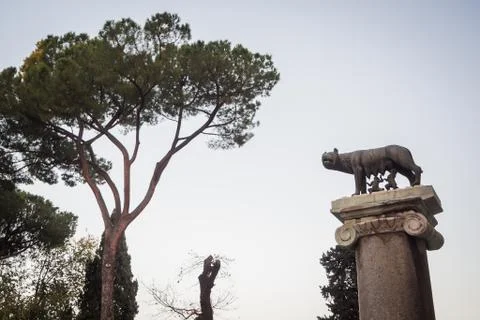 Statue of the legend of Romulus and Remus fed by the wolf in Rome Stock Photos