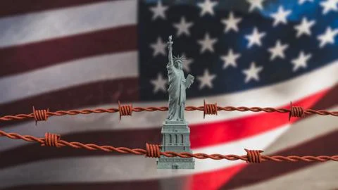 The Statue of liberty and barbed wire on America flag 3d Rendering. Stock Illustration