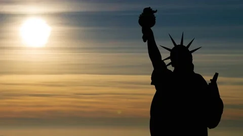 Statue of Liberty and Copy Space with Sunset in Background, New York, USA Stock Footage 154532791