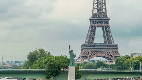 The Statue of Liberty and the Eiffel Tower Timelapse. Paris, France Stock Footage 80597011