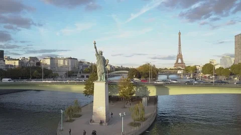 Statue of Liberty and Eiffel Tower Paris Aerial Stock-Footage 86202435