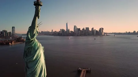 Statue of Liberty backing up from Manhattan skyline New York City NYC 4K Stock Footage 156228853