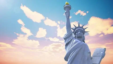Statue of Liberty closeup on the background of blue sky. 3D rendering Stock Illustration