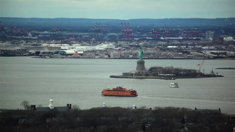 Statue Of Liberty With Ferry Stock Footage