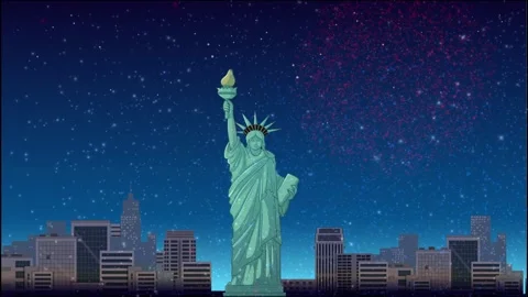 Statue of Liberty with Fireworks Exploding Over New York City Skyline Stock Footage 328137849