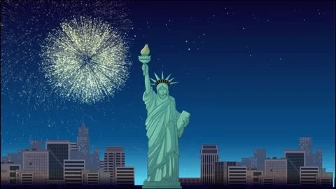 Statue of Liberty with Fireworks Exploding Over New York City Skyline Stock Footage 334706120