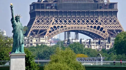 Statue of Liberty in front of the Eiffel Tower in Paris, France Stock Footage 37747431