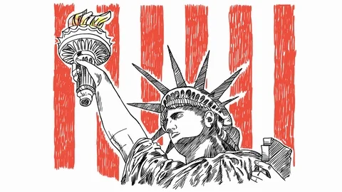 Statue of Liberty hand drawn brush sketching with USA flag Video stock 101191046