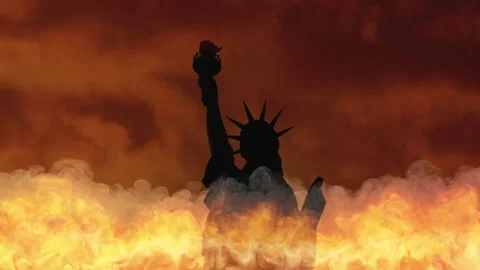 Statue of Liberty New York In Flames Burning City Smoke Disaster Riot War Attack Stock Footage 318445552
