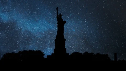 Statue of Liberty by Night with Stars and Milky Way in Background, New York, USA Stock Footage
