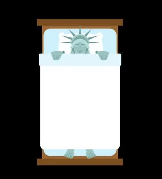 Statue of Liberty sleeping peacefully in a bed. Symbolizes deep rest, polit.. Stock-Illustration