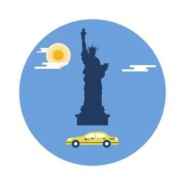Statue of Liberty, sun, clouds and taxi. American symbols. Stock Illustration