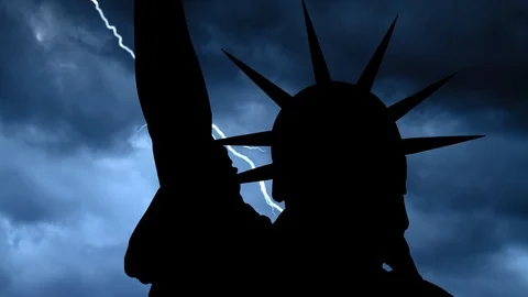 Statue of Liberty with Thunderstorm and Lightning, New York City, USA Stock Footage 115669981