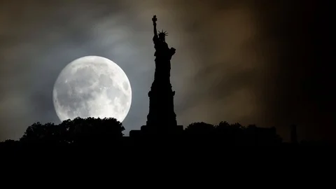 Statue of Liberty, Time Lapse by Night with Full Moon, New York City, USA Stock Footage 112185311