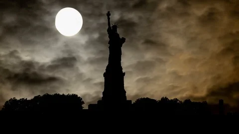 Statue of Liberty: Time Lapse by Night with Full Moon, New York, USA Stock Footage 113866605