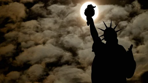 Statue of Liberty: Time Lapse by Night with Dark Atmosphere, Fog, Smoke, Moon Stock Footage 155169856
