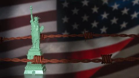 The Statue of Liberty on USA flag Background image 3d Rendering Ilustración de archivo