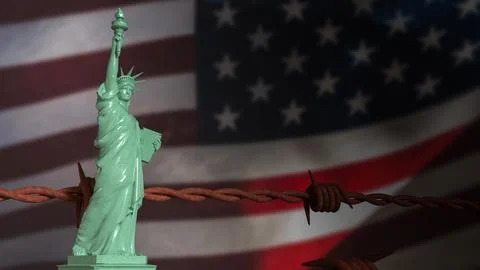 The Statue of Liberty on USA flag Background image 3d Rendering Ilustración de archivo