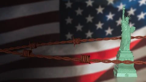 The Statue of Liberty on USA flag Background image 3d Rendering Ilustración de archivo