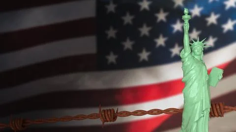 The Statue of Liberty on USA flag Background image 3d Rendering Ilustración de archivo