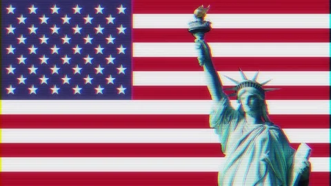 Statue of Liberty with usa flag on jumpy glitch old tube tv screen display Stock Footage 83262171