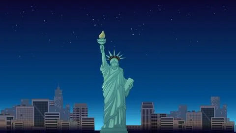 Statue of Liberty Vector Illustration with New York City Night Skyline Stock Illustration