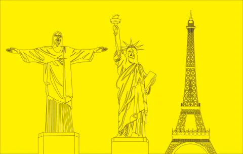 Statue of liberty,christ the redeemer and eiffel tower over yellow background. Ilustração Stock
