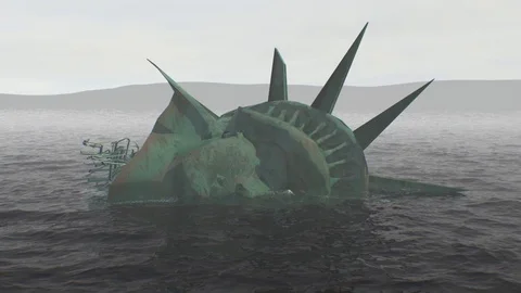 Statue of Libery Head lying on side in choppy water post apocalyptic animation Stock Footage 87015564