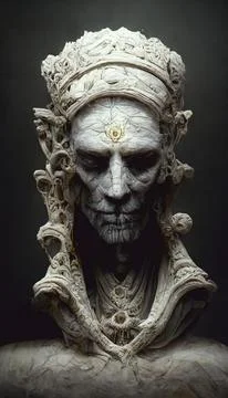 A statue made to look like an evil face is shown in this image Foto stock