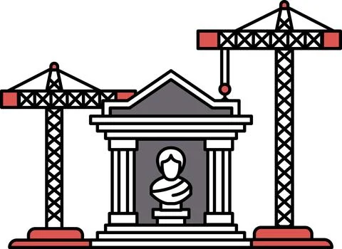 A statue of a man is in front of a building with two cranes in the background Ilustración de archivo