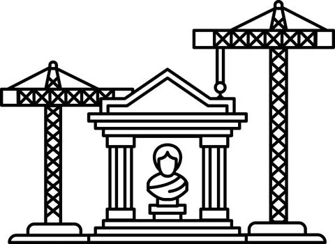 A statue of a man is in front of a building with two cranes in the background Ilustración de archivo