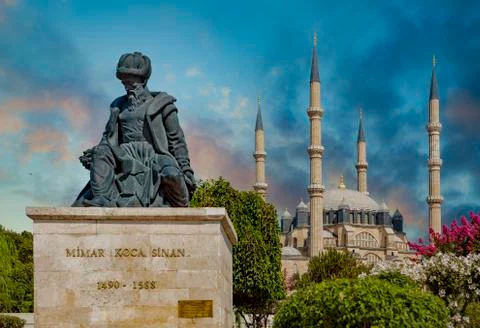 Statue of Master Ottoman Architect Sinan and his finest mosque Selimiye on th Stock Photos