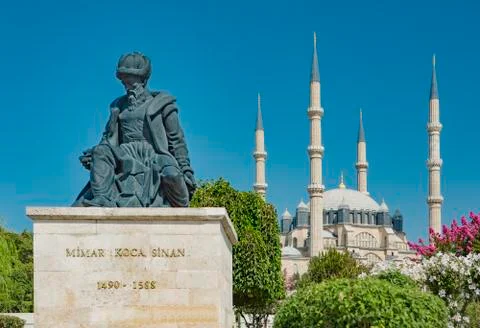 Statue of Master Ottoman Architect Sinan and his finest mosque Selimiye on th Stock Photos