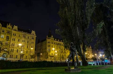 Statue in night prague Stock Photos