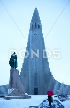 Statue Outside Monument In Snowy Landscape, Reykjavik, Hofudborgarsvaedi,
