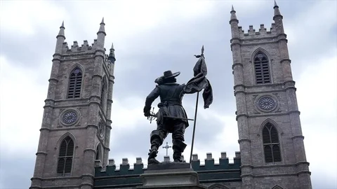 Statue Overlooking the Notre Dame Basilica in Old Port of Montreal Stock Footage 107736273