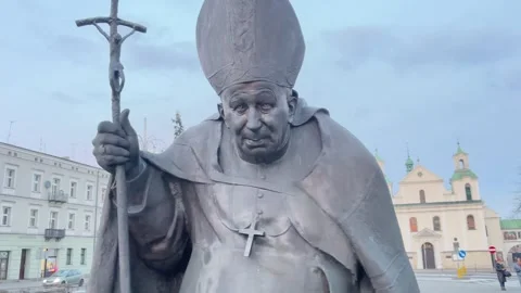 Statue of Pope John Paul II and St. Sigismund Church Częstochowa Stock Footage 305863227