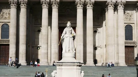 Statue of Queen Anne in front of St Paul's Cathedral. Historic landmark London Stock Footage 223603464