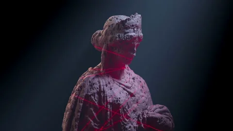 Statue of Queen Zenobia in red lidar laser beams. Animation dark background, 4K Stock Footage 202606252
