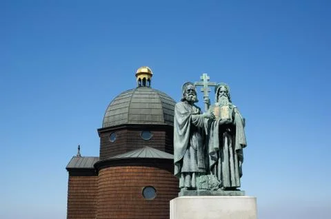 Statue of Saint Cyril and Methodius, Radhost hill, Beskids mountains, Czechia Stock Photos