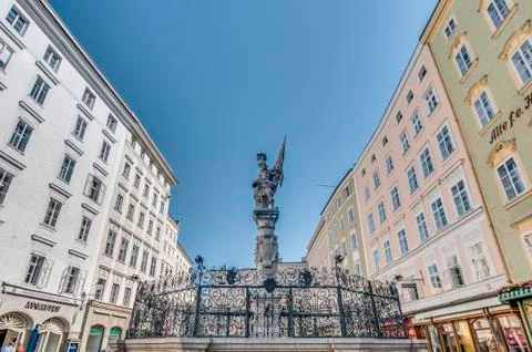 Statue of saint peter at alter markt square in salzburg, austria Stock Photos