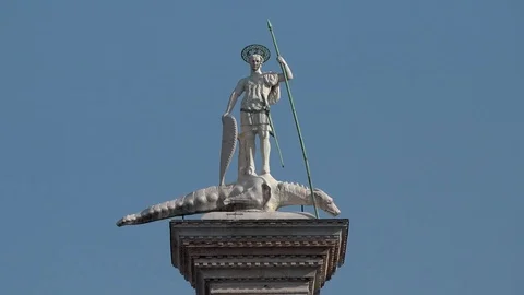 Statue of Saint Theodore on its column in Saint Marks Square, Venice Italy Stock Footage 83364509
