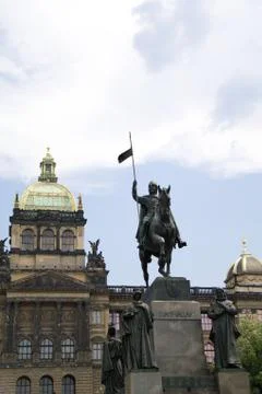 Statue of Saint Wenceslas in Prague and national museum on the background. In Stock Photos