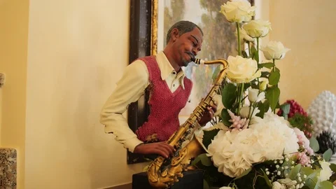 Statue of a saxophone player inside a stately home Stock Footage 97837207