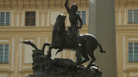 Statue of St. George slaying the dragon in Prague Stock Footage 56603043