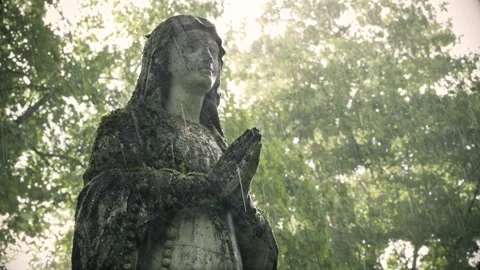 Statue of St. Mary in the rain at Bernardine Cemetery Stock Footage 337304832